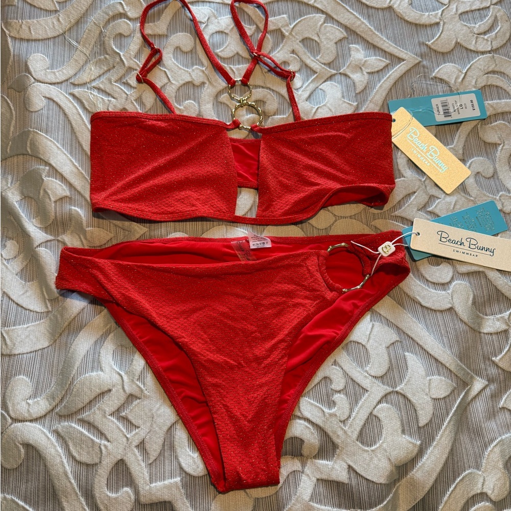 Beach Bunny Sparkling Red Bikini with Gold Accents